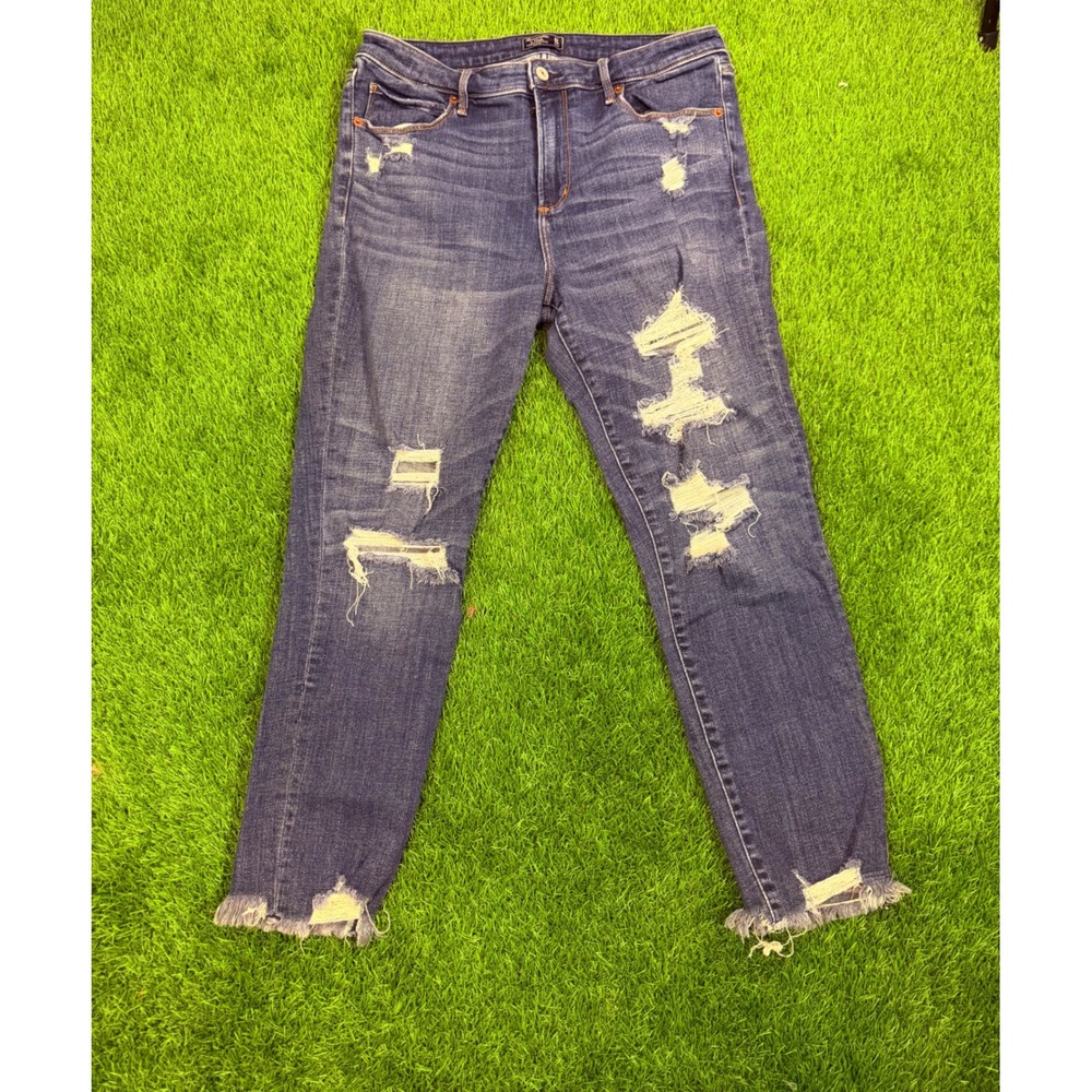 Abercrombie & Fitch High Rise Ankle Distressed Jeans Blue 32/14 Raw Hem